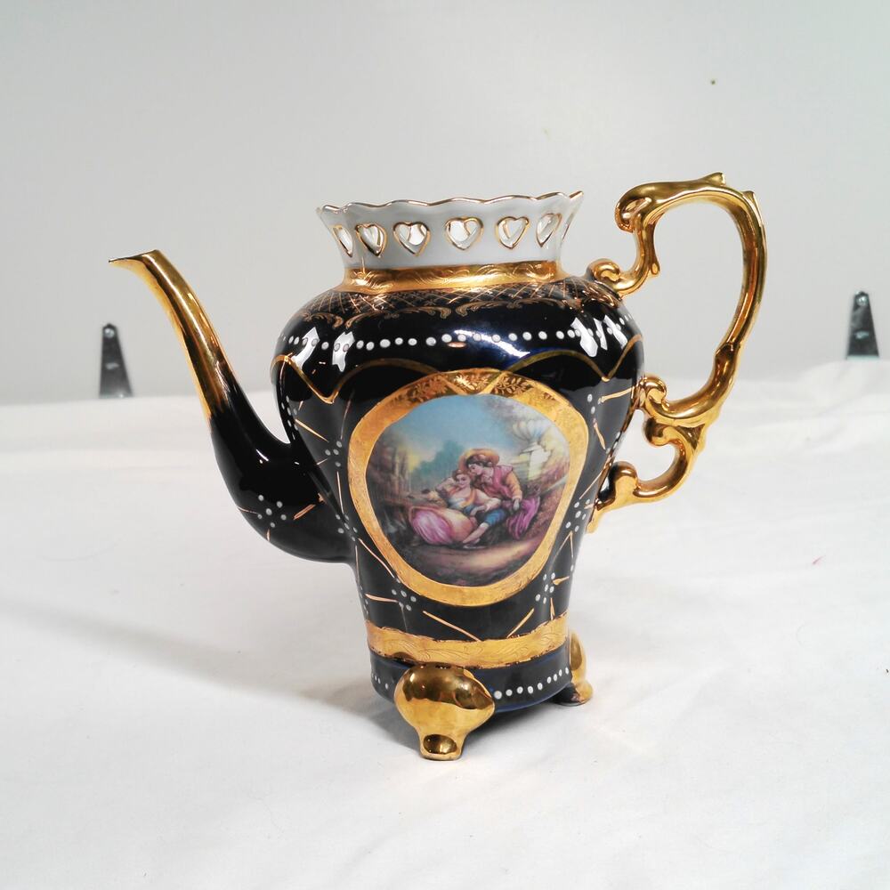 Cobalt Blue Porcelain Coffee Pot Gold Gilt Romantic Heart Rim Footed Vase Teapot